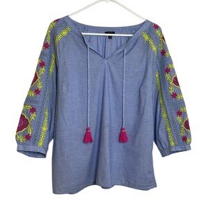 Talbots Light Blue Eyelet Embroidered 100% Cotton Popover Peasant Blouse Top